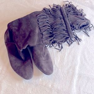 GIANNI BINI BROWN leather fringe boots Sz 8.5 low wedge EUC